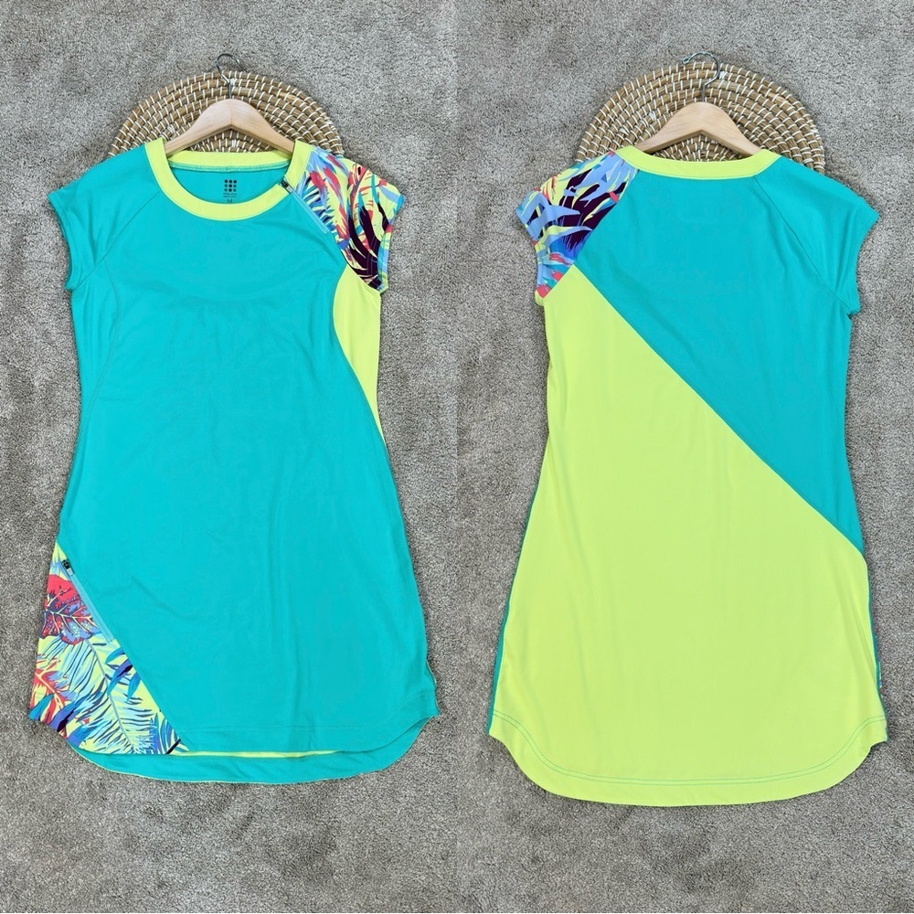 Title Nine Colorblock Shortsleeve Dress Knee Length Outdoor in Green Yellow M